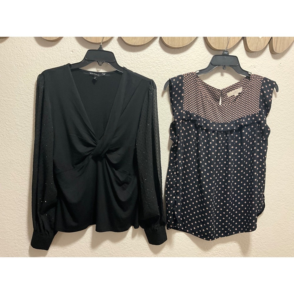 Bundle 2pcs Boston Proper Black Blouse Top & Polka Dot Ruffle Tank size L